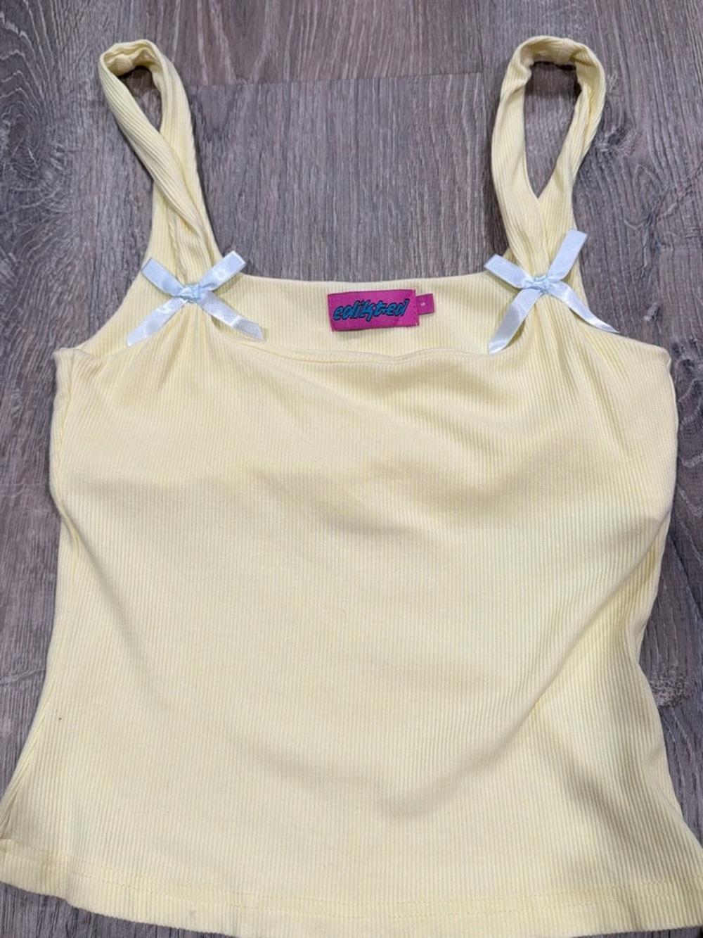 Edikted Pale Yellow Ribbed Tank Top with Bow Straps